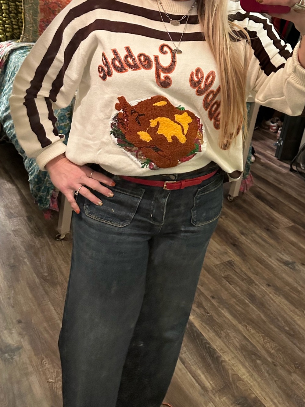 Women’s Cream Pullover Sweatshirt with Brown Stripes and Fall Patch
